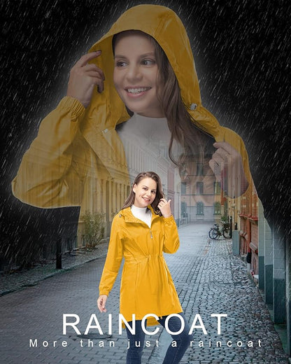 33,000ft Women's Waterproof Long Rain Coats Packable Rain Jacket with Hood Trench Coats Windbreaker