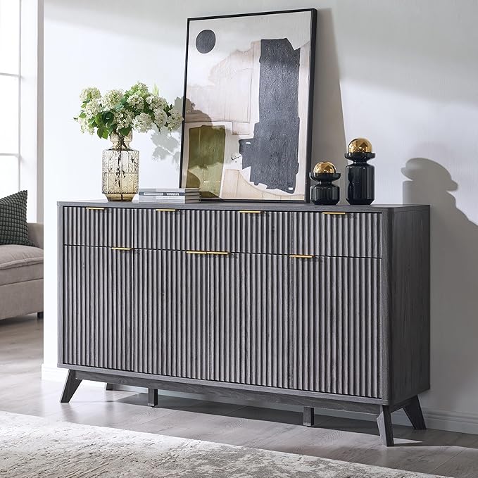 OKD Fluted Storage Cabinet with Drawers, 60" Morden Buffet Sideboard Coffee Bar Cabinet with 4 Doors and 3 Drawers for Dining Room, Living Room,Hallway (Dark Alder)