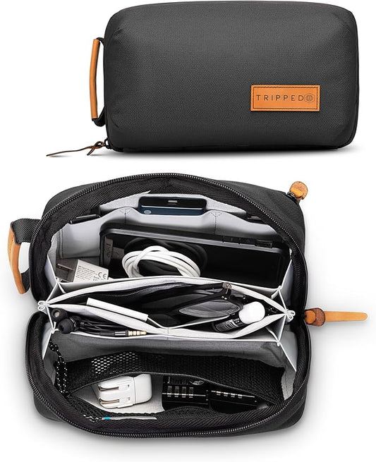 Tech Bag Organizer - Small Electronics Organizer Pouch for Travel - Premium Travel Case with Leather Accents - Mesh Pocket for Cables, Cords and Chargers (Black)