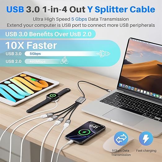 USB 3.0 Splitter 1-In-4 Out Y-Adapter Cable 1Feet, 5Gbps USB-A 3.0 Male to four 4 Female OTG Extension Cord, 4 USB Type-A Multi-Port Connector Extender Hub, Data Charger Power Splitter for Car, Laptop
