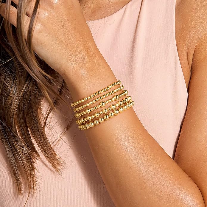 Yoosteel Gold Beaded Bracelets Set for Women Teen Girl Gifts Non Tarnish - 14K Gold Plated Dainty Round Bead Ball Pearl Cross Bracelet Stack for Women Teenage Girls Stackable Jewelry Christmas Gifts