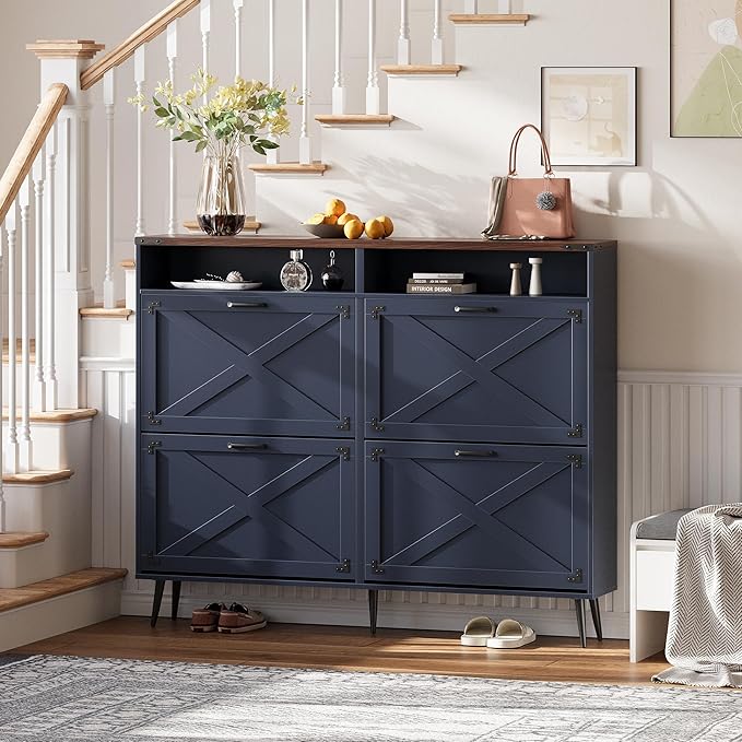 Shoe Storage Cabinet with 4 Flip Drawers Narrow Shoe Rack Cabinet Farmhouse Design Freestanding Shoe Organizer with Open Storage for Entryway,Hallway,Foyer,Blue Walnut