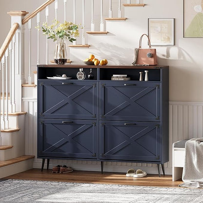 Shoe Storage Cabinet with 4 Flip Drawers Narrow Shoe Rack Cabinet Farmhouse Design Freestanding Shoe Organizer with Open Storage for Entryway,Hallway,Foyer,Blue Walnut