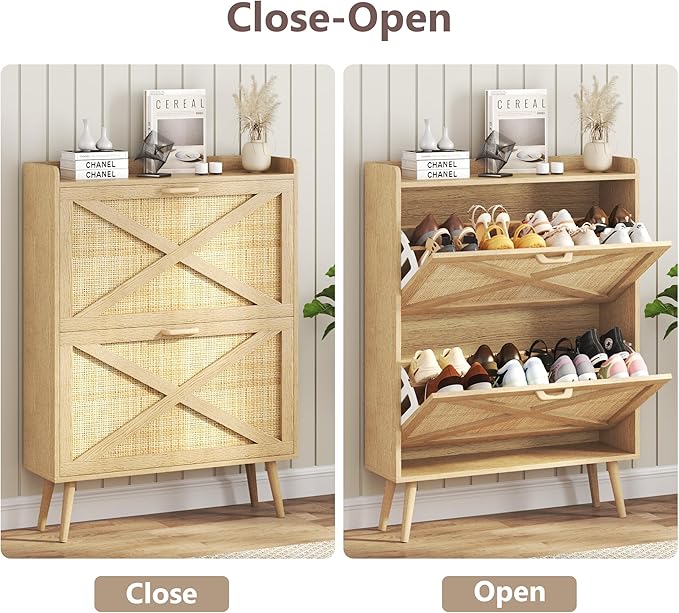Shoe Storage Cabinet with 2 Rattan Flip Drawers, Freestanding Shoe Rack Organizer for Entryway, Narrow Hidden Slim Shoe Cabinet for Foyer,Hallway, Natural