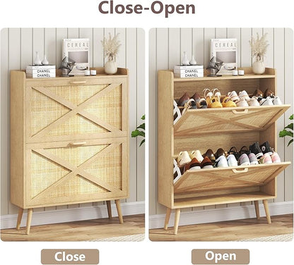 Shoe Storage Cabinet with 2 Rattan Flip Drawers, Freestanding Shoe Rack Organizer for Entryway, Narrow Hidden Slim Shoe Cabinet for Foyer,Hallway, Natural