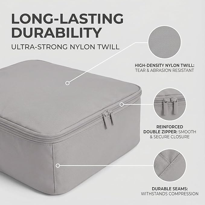 Compression Packing Cubes for Travel, 6-Piece Set (L/M/S), Double-Zip Luggage Organizers with Mesh Panels, Space-Saving Clothes Storage Bags for Suitcase & Carry-On (6 Pack, Misty Silver)