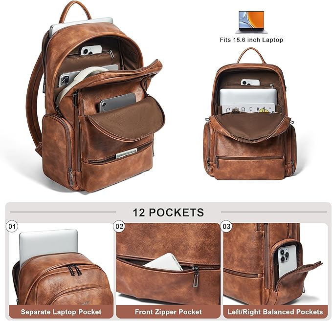 Leather Backpack for Women, Fits 15.6 Inch Laptop, Soft Vegan Leather Backpack for Travel and Daily Use, Brown