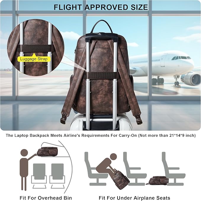 Leather Backpack for Women, Fits 15.6 Inch Laptop, Soft Vegan Leather Backpack for Travel and Daily Use, Coffee