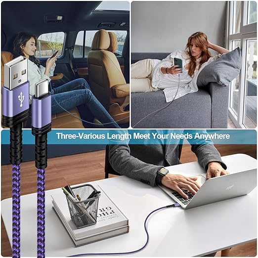USB-A to USB C Charger Braided Cord 3Pack 3/6/10FT Long USB A to Type C Charger Cable Fast Charging for Samsung Galaxy S25 S24 S23 Ultra,S23+,A14,A13,S22 Ultra,S21 FE,A54,A04S,S20 S10 S9,Pixel 7a 7 6