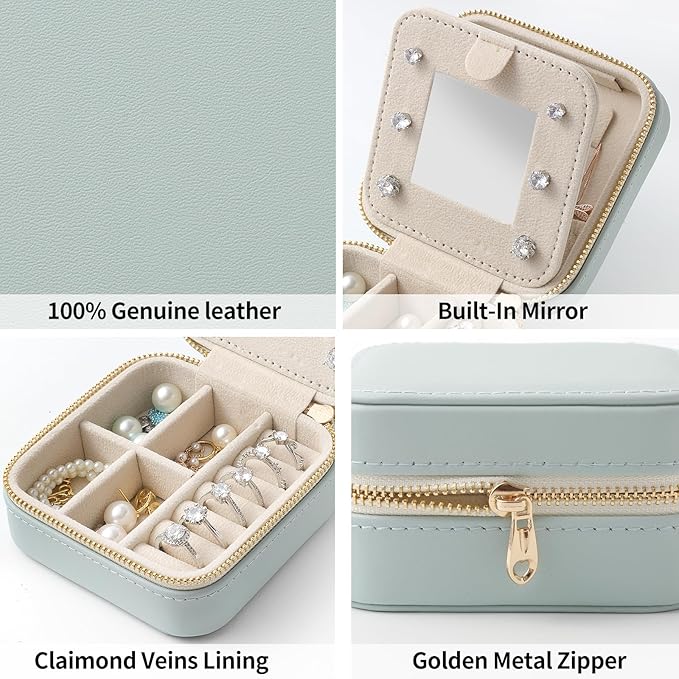 Genuine Leather Travel Jewelry Organizer Case with Mirror for Women, Small Mini Portable Jewelry Box for Earring, Ring, Necklace, Bracelet（Pink）