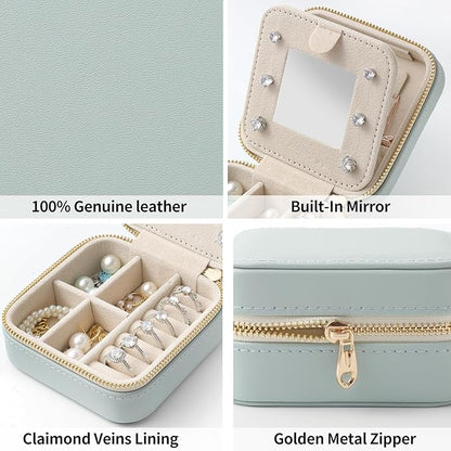 Genuine Leather Travel Jewelry Case Organizer with Mirror for Women, Small Jewelry Box Portable Mini Jewelry Case for Earring, Ring, Necklace, Bracelet（Green）