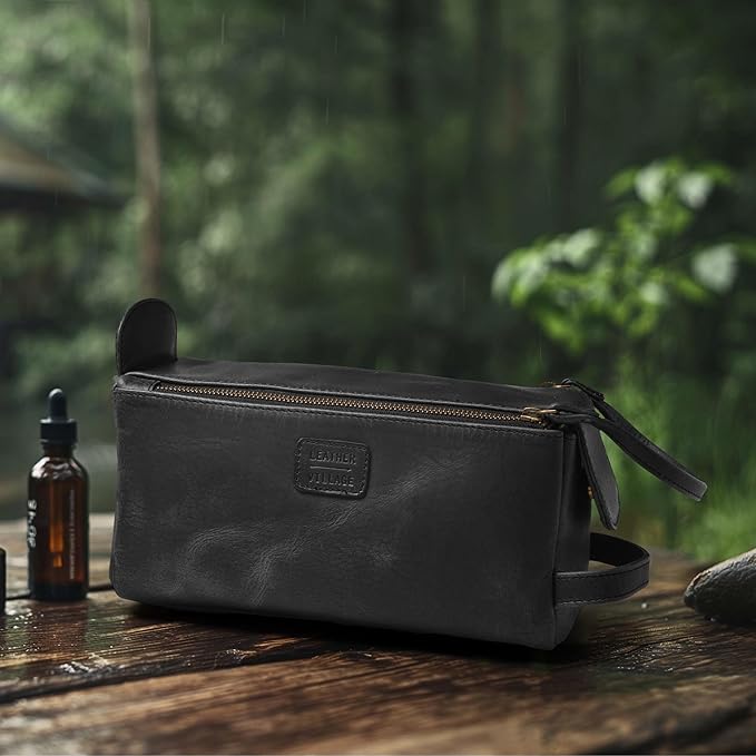 LEATHER VILLAGE Premium Leather Travel Toiletry Bag - Water-Resistant Dopp Kit for Toiletries, Large Shaving Bag & Bathroom Organizer - Gift for Men & Women - Distressed Black