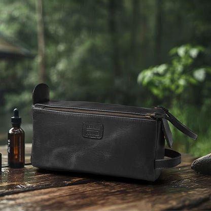 LEATHER VILLAGE Premium Leather Travel Toiletry Bag - Water-Resistant Dopp Kit for Toiletries, Large Shaving Bag & Bathroom Organizer - Gift for Men & Women - Distressed Black