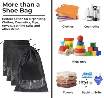 Shoe Bags for Travel, Packing, Storage, Organizing & Suitcase (12 Pack). Reusable Dustproof & Water Resistant Sneakers Pouch Protectors with Clear Window & Drawstrings. (Pink, Azure Blue, Black)