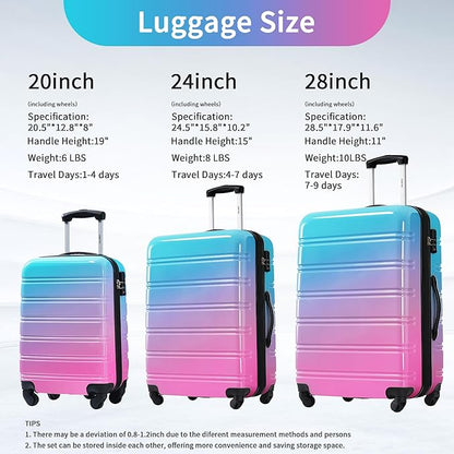 Merax Luggage Sets 3 Piece, Hardside Expandable Suitcase Set with Spinner Wheels, Lightweight Gradient 20+24+28 IN Suitcase with Carry on Luggage, Blue and Red