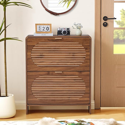 Mid-century Shoe Storage Cabinet with 2 Flip Drawer Arched Fluted Pattern, Farmhouse Slim Curved Corner Wood Shoe Cabinet, Hidden Narrow Shoe Organizer for Entryway,Living Room (Walnut,with Divider)