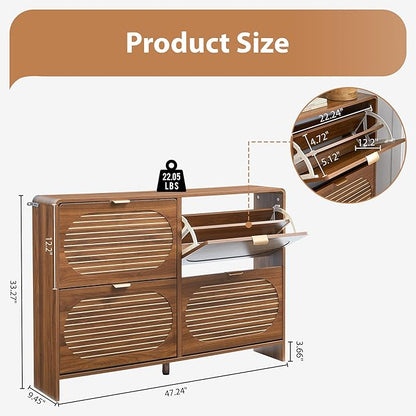47" Large Shoe Storage Cabinet with 4 Flip Drawer Arched Fluted Pattern, Farmhouse Hidden Narrow Curved Corner Shoe Organizer for Entryway,Living Room (Walnut,with Divider)