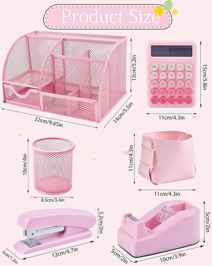 23pc Pink Desk Accessories and Organizers with Mesh Organizer Stapler Tape Dispenser Calculator and a Lot of Office Pink Office Supplies Beautifully Presented in a Gift Box