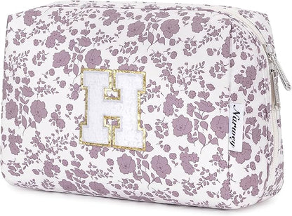Narwey Birthday Gifts for Teen Girls Kids Women Personalized Initial Floral Makeup Bag Cute Cosmetic Trendy Stuff 6 8 10 11 12 13 14 16 18 Years Old Travel Toiletry Bag (Little Dusty Pink Flower H)