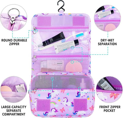 Kids Hanging Toiletry Bag for Girls, Travel Toiletry Bag for Little Young Girls Cosmetic Makeup Waterproof Wash Bag Toddler Traveling Toiletries, Unicorn Purple