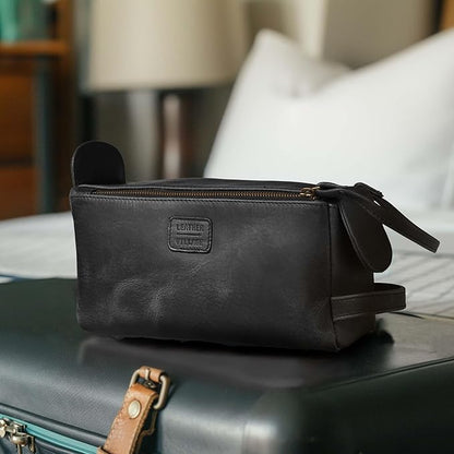 LEATHER VILLAGE Premium Leather Travel Toiletry Bag - Water-Resistant Dopp Kit for Toiletries, Large Shaving Bag & Bathroom Organizer - Gift for Men & Women - Distressed Black