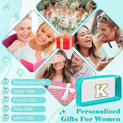 Personalized Initial Letter Clear Makeup Bag,Preppy Small Nylon&PVC Cosmetic Zipper Bag with Chenille Letter,Portable Beach Travel Skincare Toiletry Bag,Trendy Monogram Gift for Teen Girls Women,K