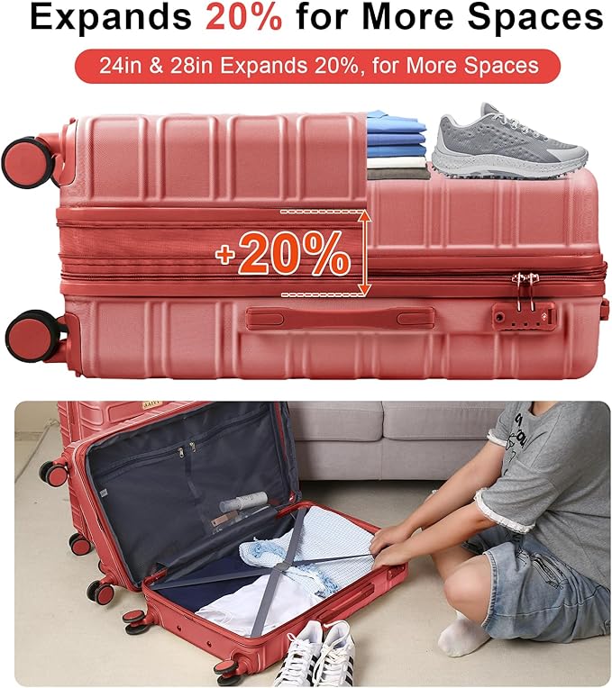 4 Piece Luggage Set Expandable ABS Travel Suitcase Set with Double Spinner Wheels TSA Lock Hardshell Durable Lightweight Traveling Luggage Sets Gift for Back to School (Rose Golden, 28in26in20in13in)