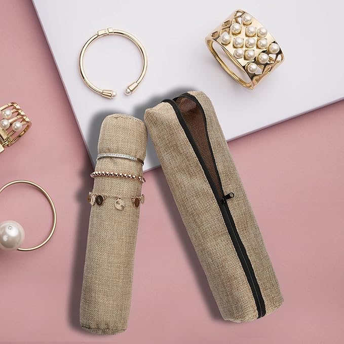 Novel Box Burlap Faux Leather Bangle/Bracelet/Watch Roll 12.25x3x3 Inches with Matching Zipper Pouch - Portable Organizer Pouch with Removable Roll Insert for Travel, Retail & Personal Use