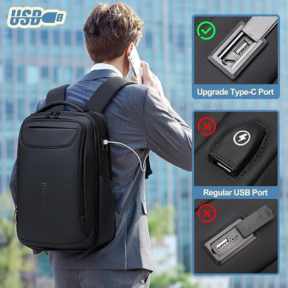 FENRUIEN Expandable Travel Backpack 15.6 Inch, Water Resistant Backpack with USB Charging Port, Black Laptop Bag for Work/Commuter/College