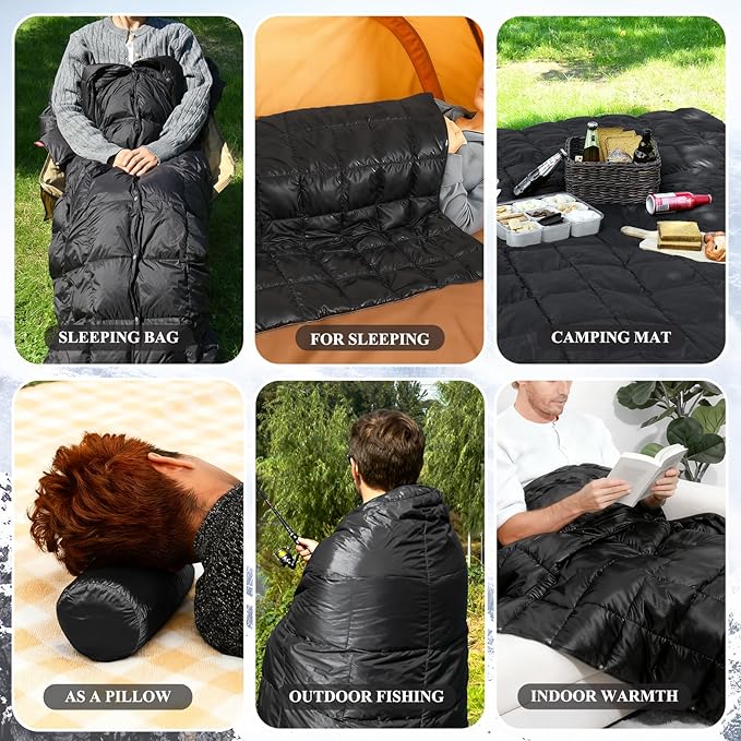 MOOX Down Camping Blanket Packable Backpacking Camping Quilt Outdoor Lightweight Warm Water Resistant Puffy Sleeping Bag Travel Hiking 55"x79" Waterproof Camp Throw Blanket, Black