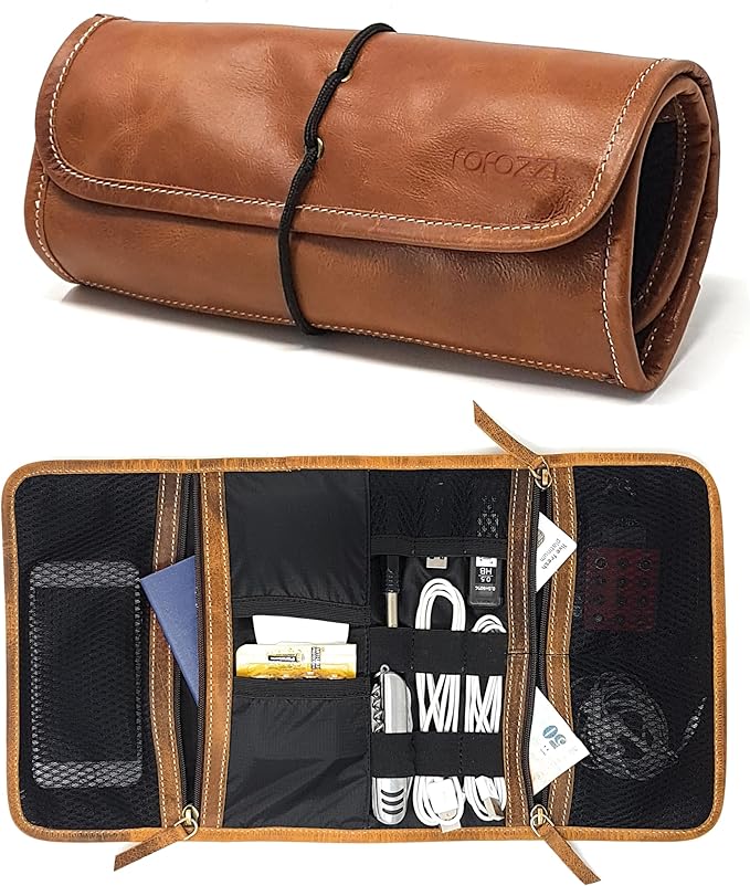 rofozzi Leather Tech Pouch, Passport Holder for Travel, Cables Organizer Roll, Mesh Zippered Pockets for USB Drive, Phone, Battery, SD Card, SIM Card