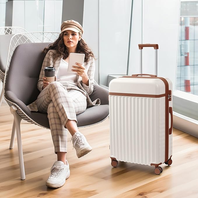 Merax Luggage Sets 5 Piece,Hardshell Expandable Suitcase with Spinner Wheels and Travel Bags,Lightweight Carry on Luggage,20/24/28IN,White and Brown
