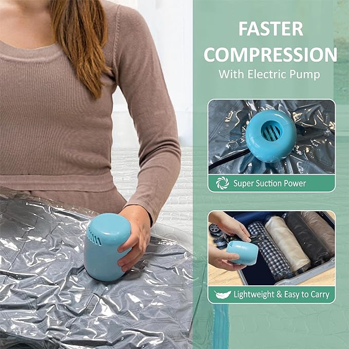 Vacuum Storage Bags with Electric Pump, 10 Large Space Saver Vacuum Seal Bags with Pump, Vacuum Sealer Compression for Clothes, Comforters, Blankets, Bedding