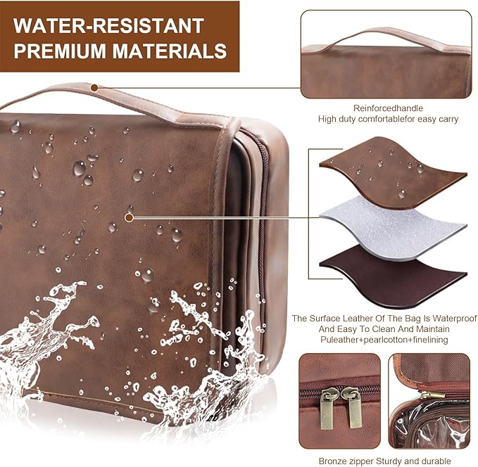 Leather Toiletry Bag For Men, Waterproof PU Leather Dopp Kit, Personalized Hanging Travel Organizer Bag for Father, Husband, Boyfriend (Produced in USA)