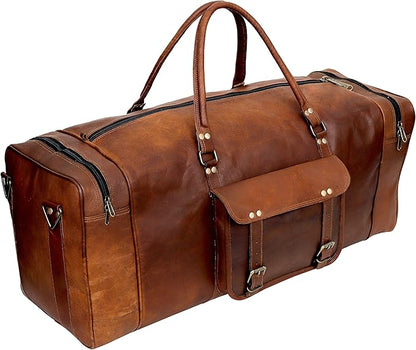 Leather Duffle Bag for Men Luggage Handmade Travel Bag Carry On Luggage Weekender Bags Overnight Gym Sports Cabin Holdall Bag For Airplanes Men And Women (28 Inch Brown)