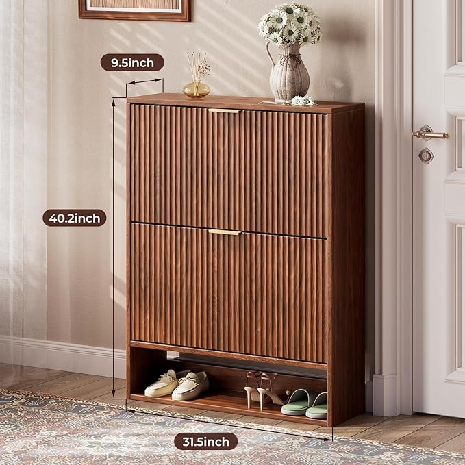 Evermagin 31.5''W Walnut Shoe Cabinet Storage for Entryway, Fluted Slim Shoe Dresser with 2 Flip Drawers, Narrow Shoe Rack Cabinet, Hidden Shoe Organizer Cabinet for Entrance, Hallway