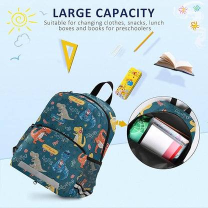 Cute Dinosaurs skateboard Kid's Toddler Backpack for Boys Girls Preschool Nursery with Safety Leash (011410)
