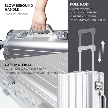 All Aluminum Carry On Luggage 22x14x9 Airline Approved Hard Shell Carry On Luggage Zipperless Luggage Metal 20inch Suitcase Luggage, Sliver