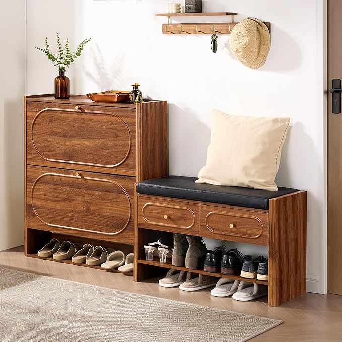 ORRD Shoe Storage Cabinet with 2 Flip Drawers, Wood Narrow Shoe Cabinet for Entryway, Fluted Hidden Shoe Organizer, Freestanding Slim Shoes Cabinets for Foyer, Hallway-Walnut