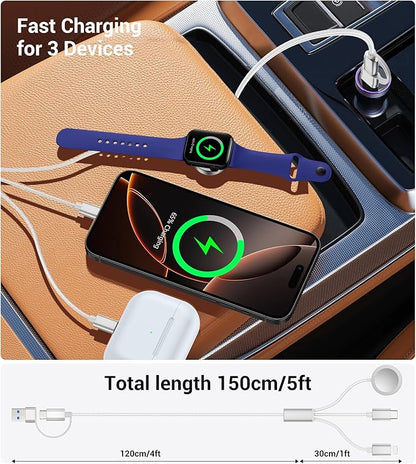 Temdan for Travel Vacation Essentials,3 in 2 USB C Cable for Apple Watch Charger/iPhone 17 Charger/Lightning,Multi Charging Cable Cord,Camping Essentials,Designed for iWatch &iPhone 16-12-5FT White