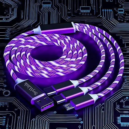 USB Cable PD Fast Charger Lighted Up (USB 3IN1 Purple),Phone Data Cable, Flowing Light Charging Cable, 39-inch, TPE Material, Compatible with Almost All Phones, Tablets, and Headphones.