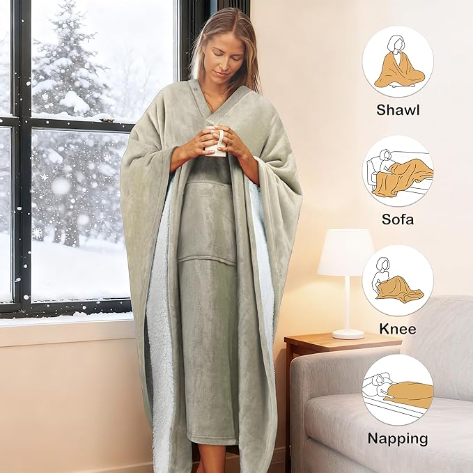 Catalonia Sherpa Wearable Blanket Poncho for Adult Women Men, Wrap Blanket Cape with Pocket, Warm, Soft, Cozy, Snuggly, Comfort Gift, No Sleeves, Camel