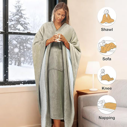 Catalonia Sherpa Wearable Blanket Poncho for Adult Women Men, Wrap Blanket Cape with Pocket, Warm, Soft, Cozy, Snuggly, Comfort Gift, No Sleeves, Camel