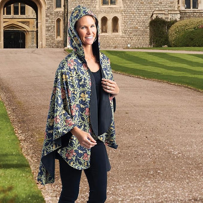 RainCaper Rain Poncho for Women - Reversible Rainproof Hooded Cape in Gorgeous Ultrasoft Colors (Black/Wm Morris Gold Flowers)