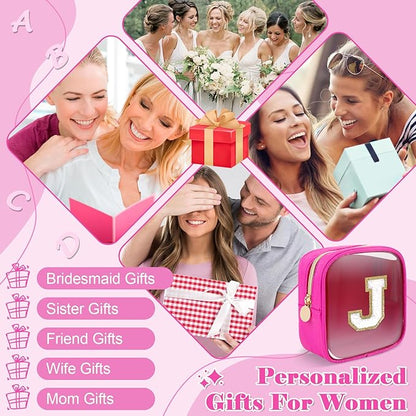 Personalized Initial Letter Clear Preppy Makeup Bag,Mini Nylon Chenille Letter Cosmetic Bag Cute Zipper Pouch Coin Purse for Teen Girls,Portable TSA Approved Travel Essentials Bag Gift for Women,J