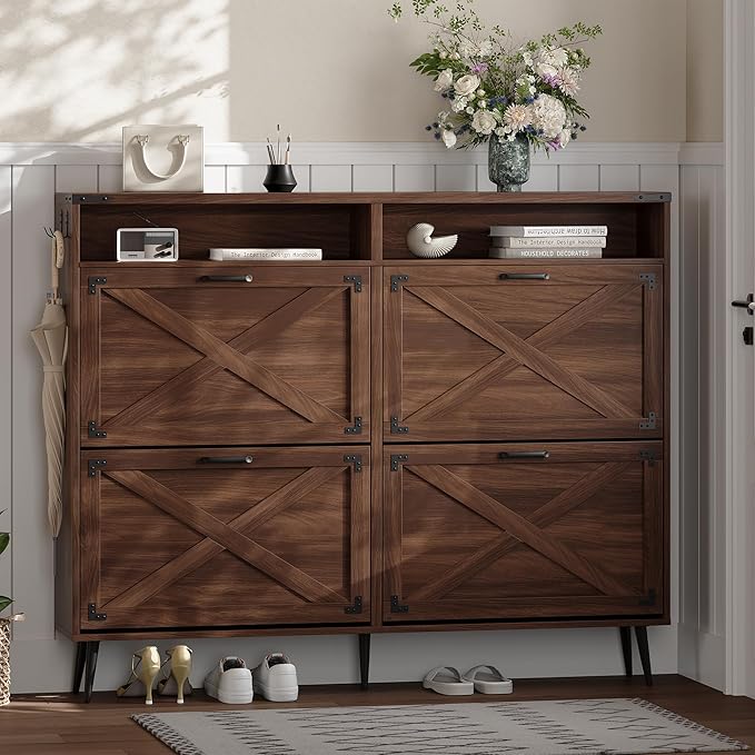 Shoe Storage Cabinet with 4 Flip Drawers Narrow Shoe Rack Cabinet Farmhouse Design Freestanding Shoe Organizer with Open Storage for Entryway,Hallway,Foyer,Walnut