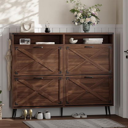 Shoe Storage Cabinet with 4 Flip Drawers Narrow Shoe Rack Cabinet Farmhouse Design Freestanding Shoe Organizer with Open Storage for Entryway,Hallway,Foyer,Walnut