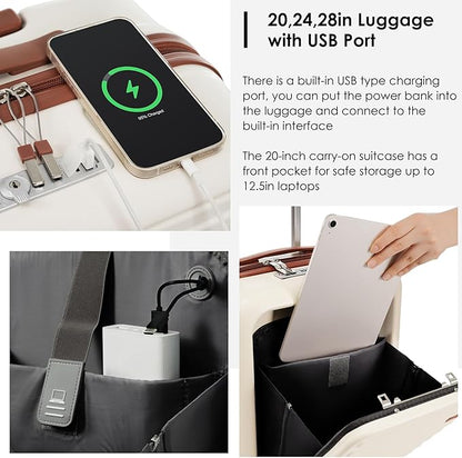 Merax 4-Piece Luggage Set with USB Charging Ports Suitcase with TSA Lock Travel Duffel Bag Wet-Dry Toiletry Bag, ivory and brown