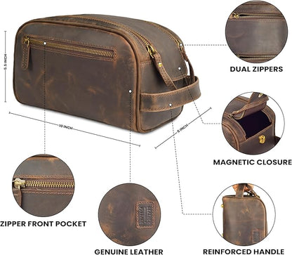 LEATHER VILLAGE Premium Leather Toiletry Travel Pouch With Waterproof Lining - Brown | King-Size Handcrafted Vintage Dopp Kit Bag, Shaving & Bathroom Organizer, Gift for Men & Women