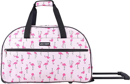 Betsey Johnson Designer Carry On Luggage Collection - Lightweight Pattern 22 Inch Duffel Bag- Weekender Overnight Business Travel Suitcase with 2- Rolling Wheels (Flamingo Strut)